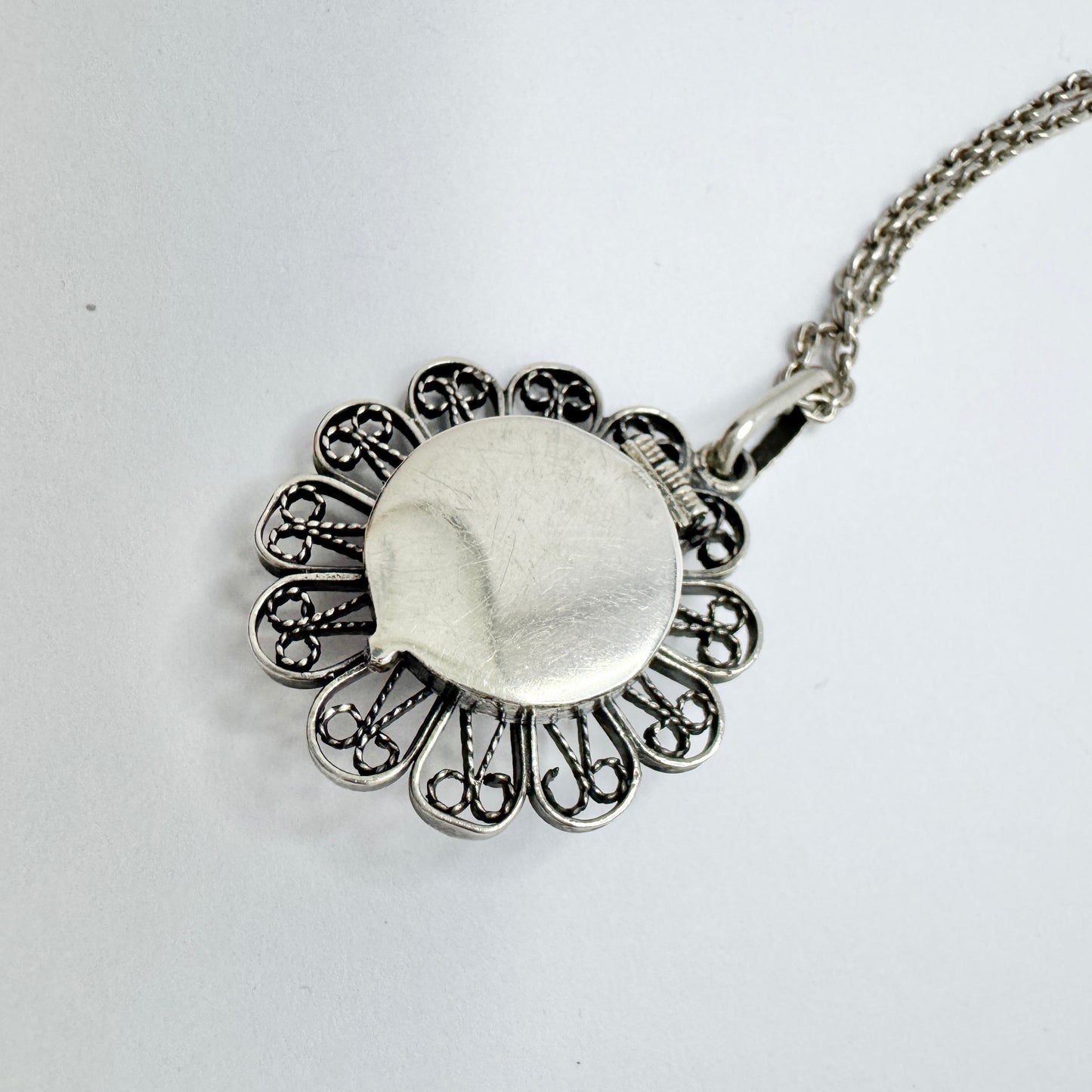 Sweden c 1940s. Solid Silver Filigree Locket Pendant Necklace.