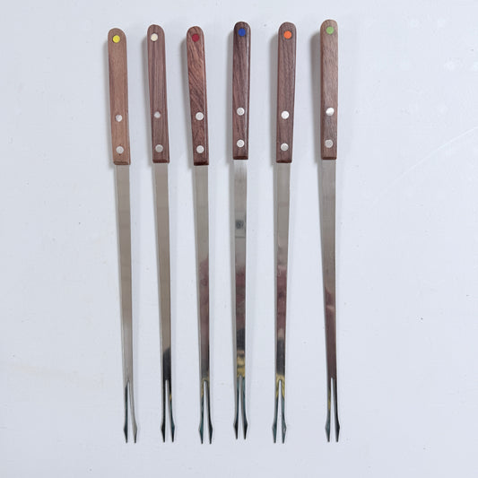 Stelton, Denmark. Vintage Mid-century Teak 11" Fondue Forks. Set of 6