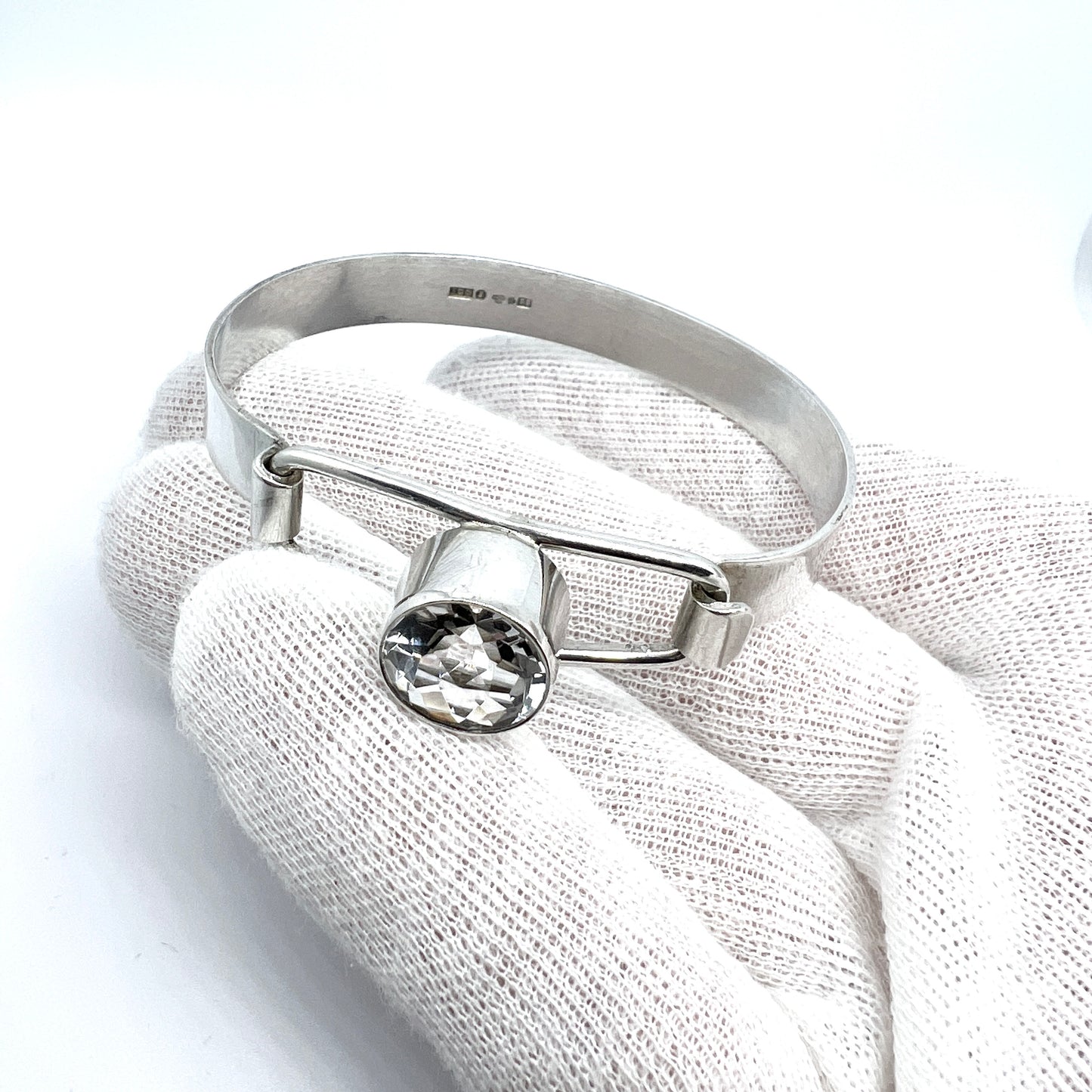 Isaac Cohen, Sweden 1969 Vintage Sterling Silver Rock Crystal Hinged Bangle Bracelet.