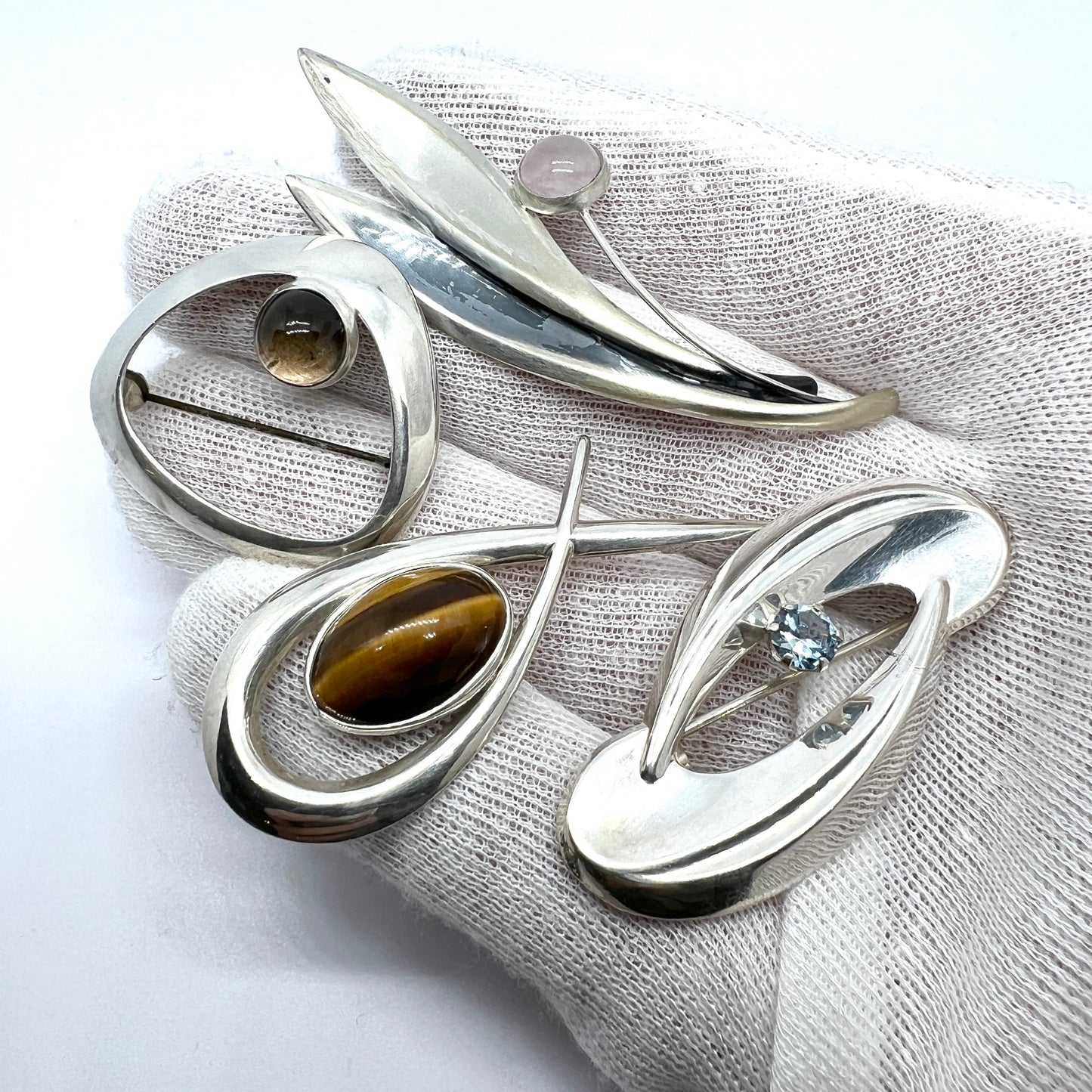 4 Finnish 1960s Solid Silver Brooches. Job Lot.