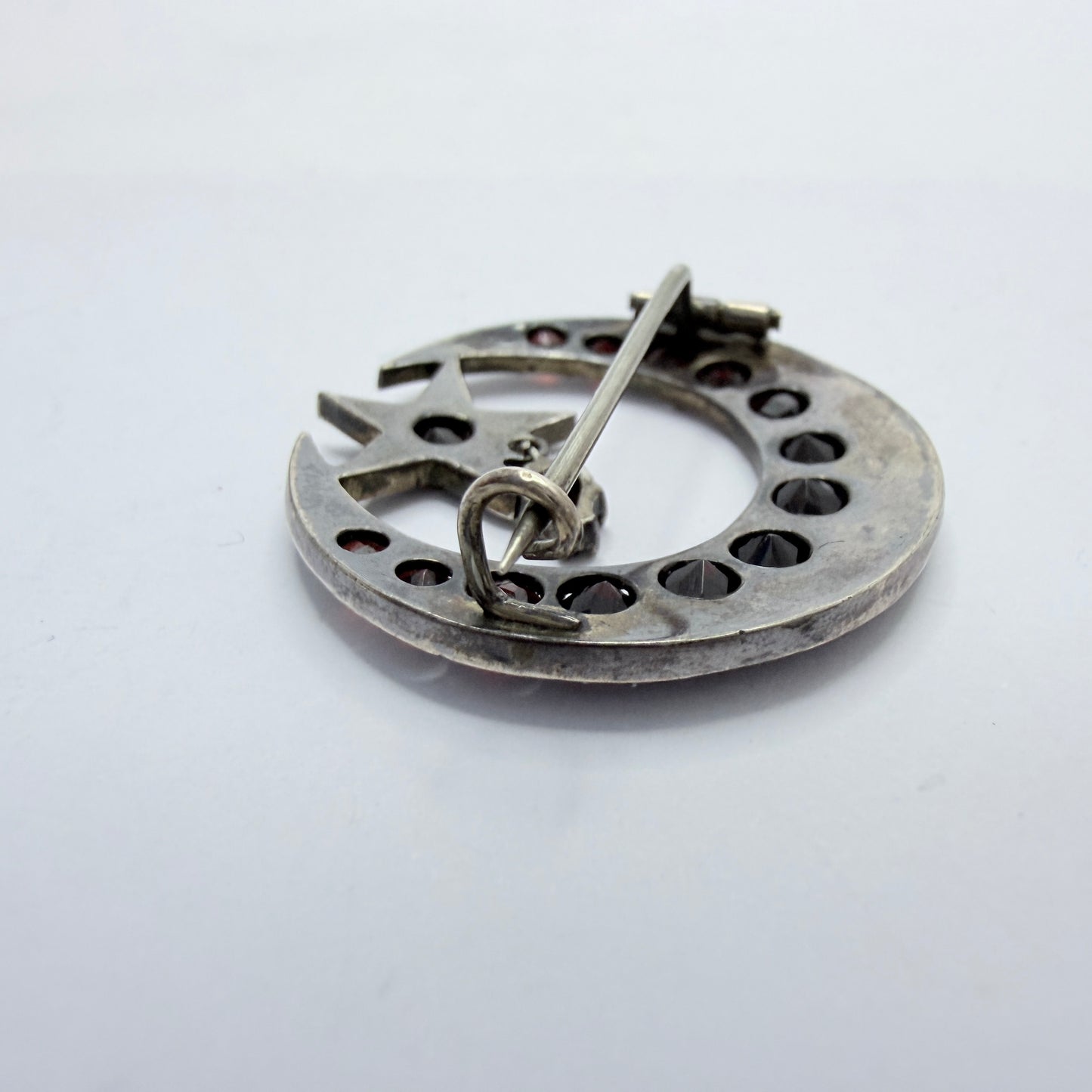Antique Silver Bohemian Garnet Moon Crescent Star Brooch.