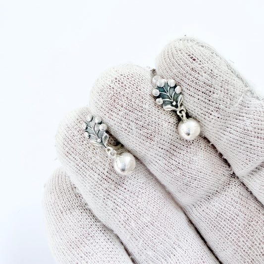 Victor Janson, Sweden c 1950s. Vintage Solid Silver Leaf Earrings.