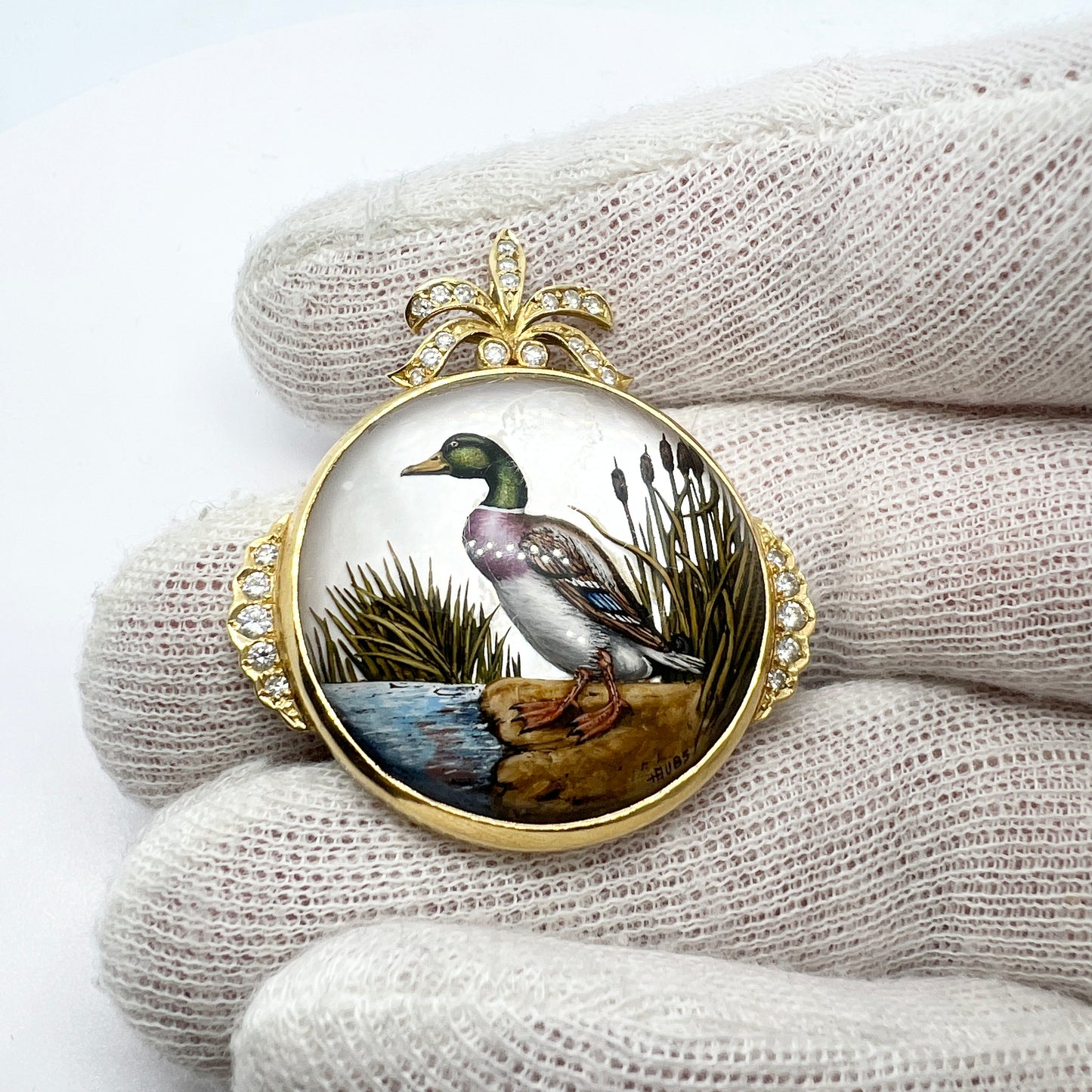 Vintage 18k Gold Diamond Reverse Painting Enamel Pendant.