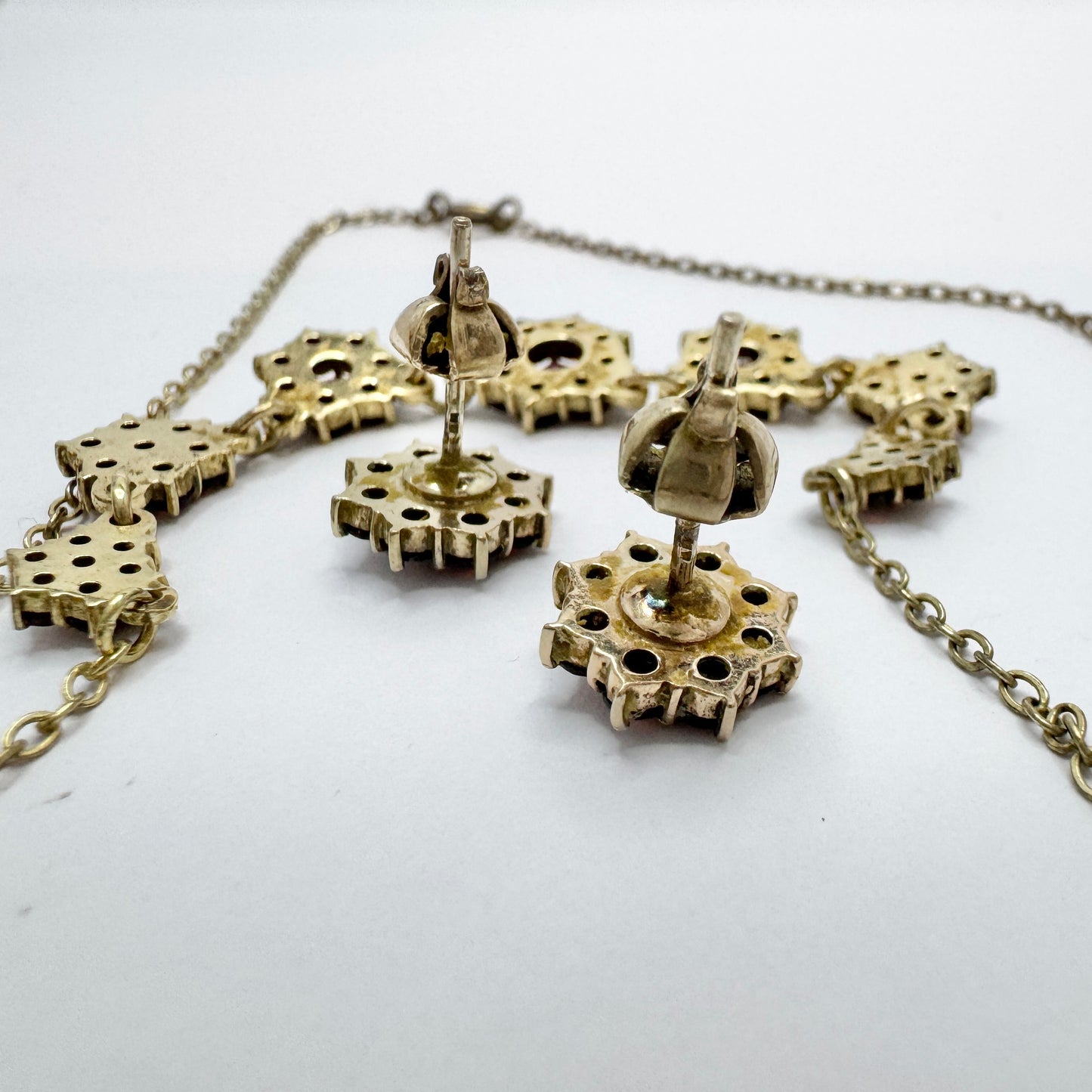 Vintage Garnet Gilt Metal Necklace and Stud Earrings.