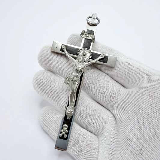 Vintage Metal Ebony Crucifix Cross Pendant. 11.7cm