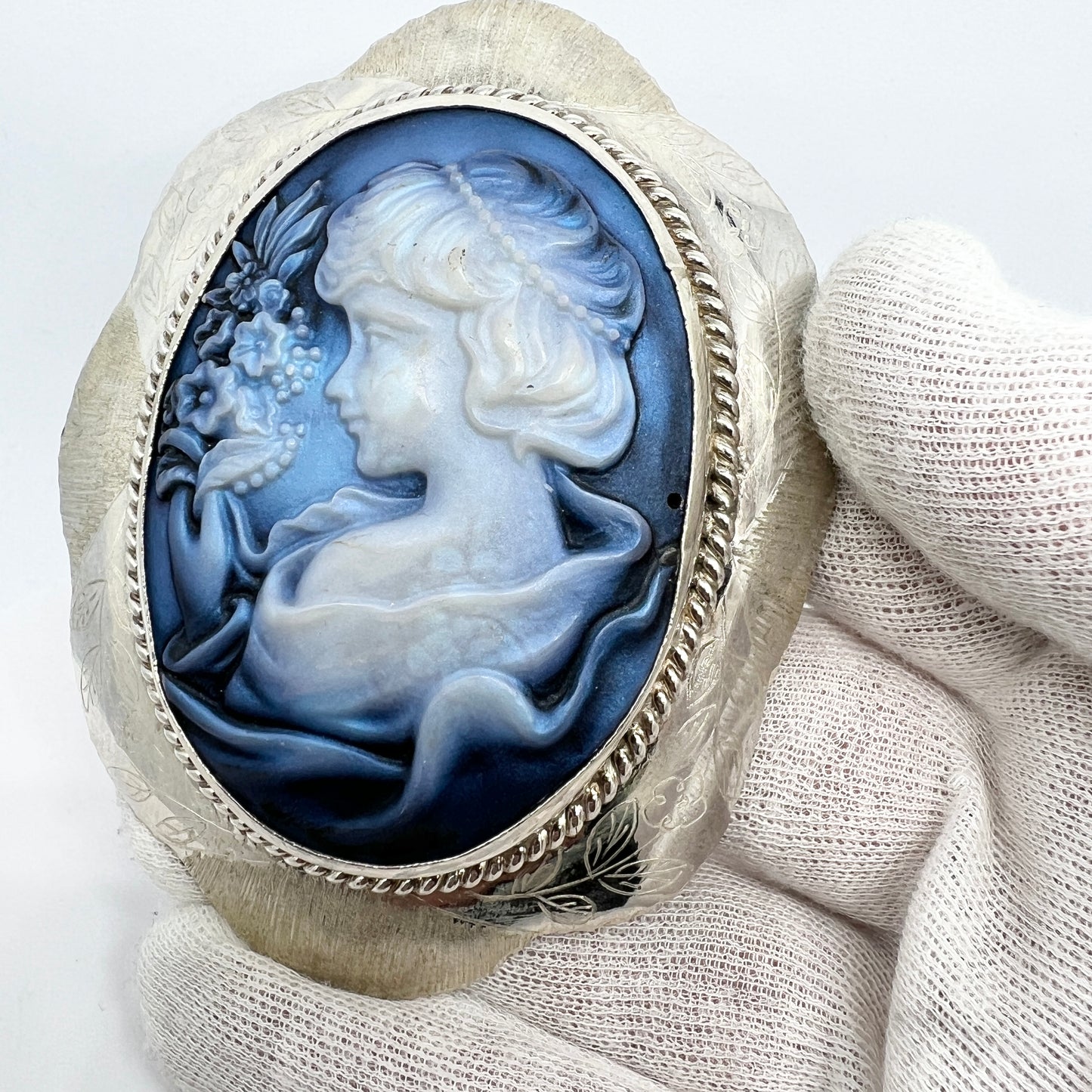 Huge Vintage Sterling Silver Plastic Cameo Brooch Pendant. 3.8 inch.