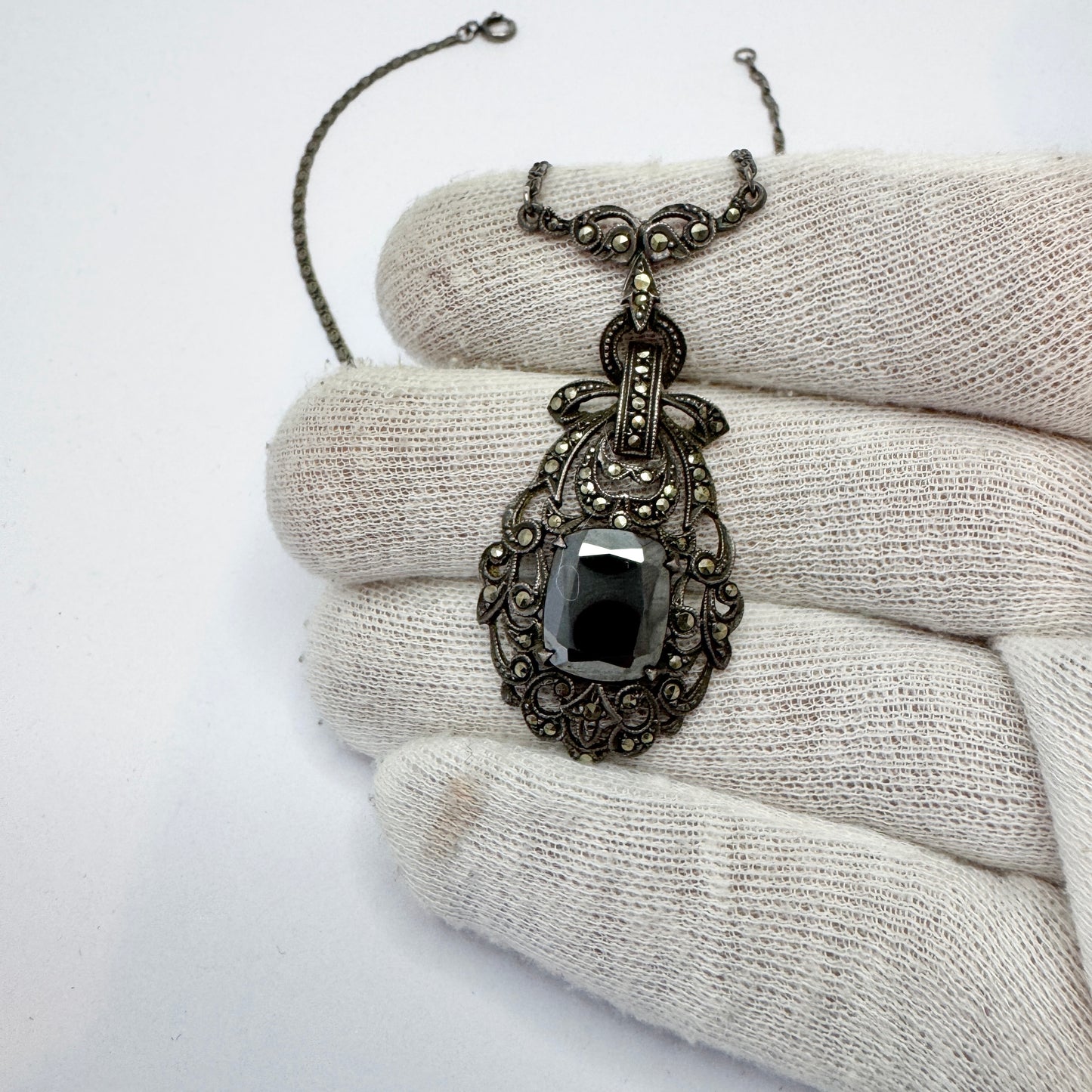 Sweden 1930-40s. Sterling 935 Silver Marcasite Onyx Pendant Necklace.