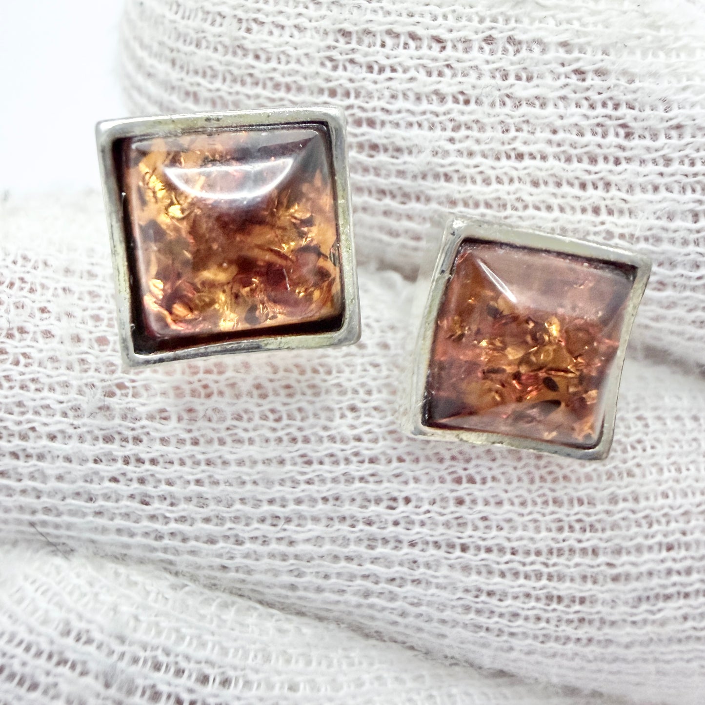Vintage Sterling Silver Amber Stud Earrings.