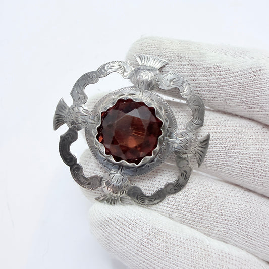 Antique Solid Silver Thistle Cairngorm Paste Brooch