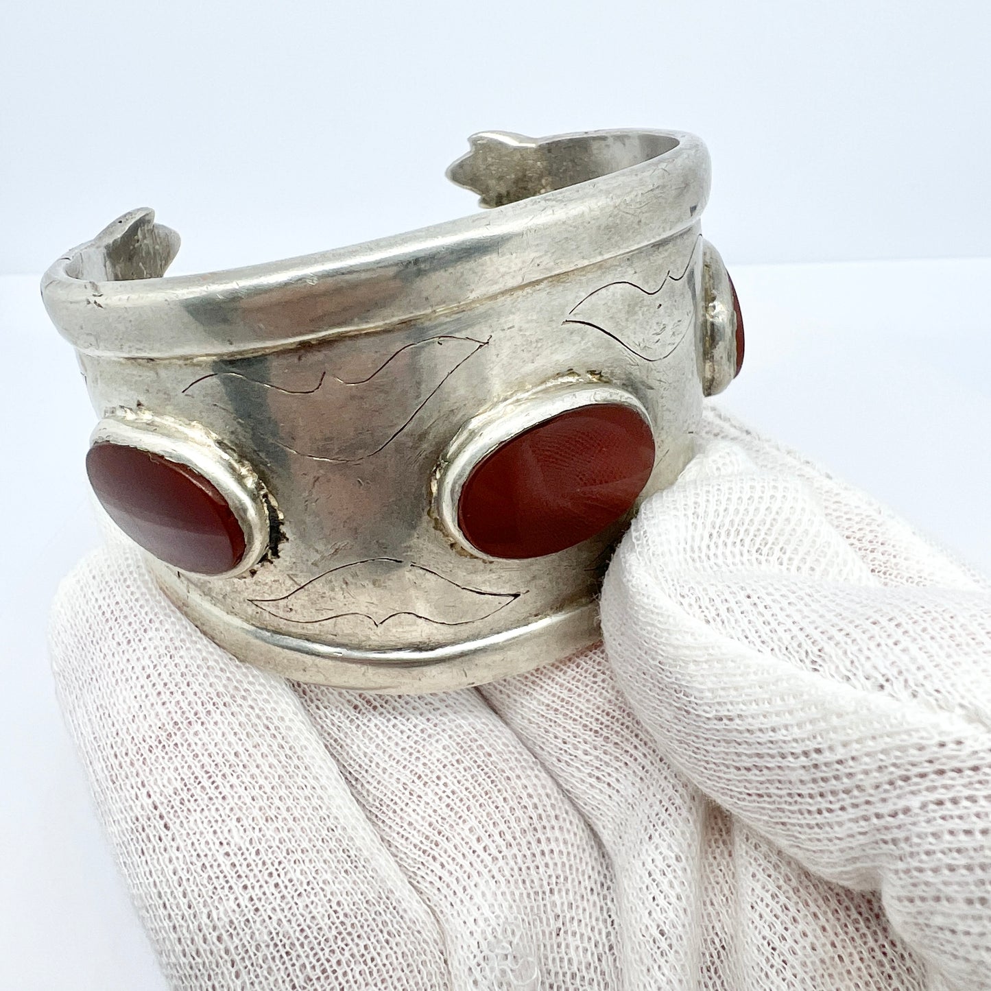 Antique / Vintage Bilezik / Turkmen Chunky Solid Silver Carnelian Cuff Bracelet.