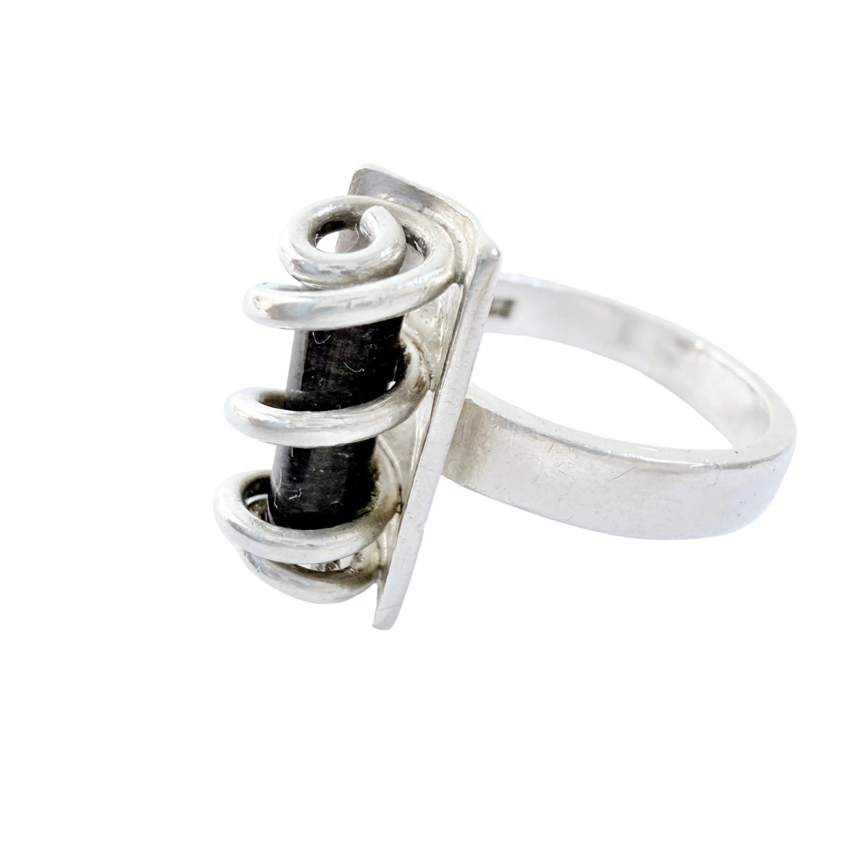 Ibsen & Weeke, Denmark 1960s. Sterling Silver Caged Dark Blue Hardstone Ring.