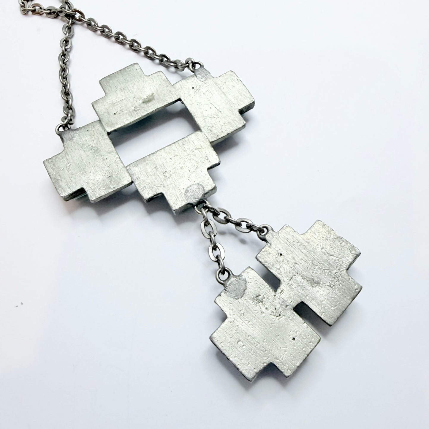 Sweden 1970s. Bold Vintage Brutalist Pewter Blue Resin Pendant Necklace.