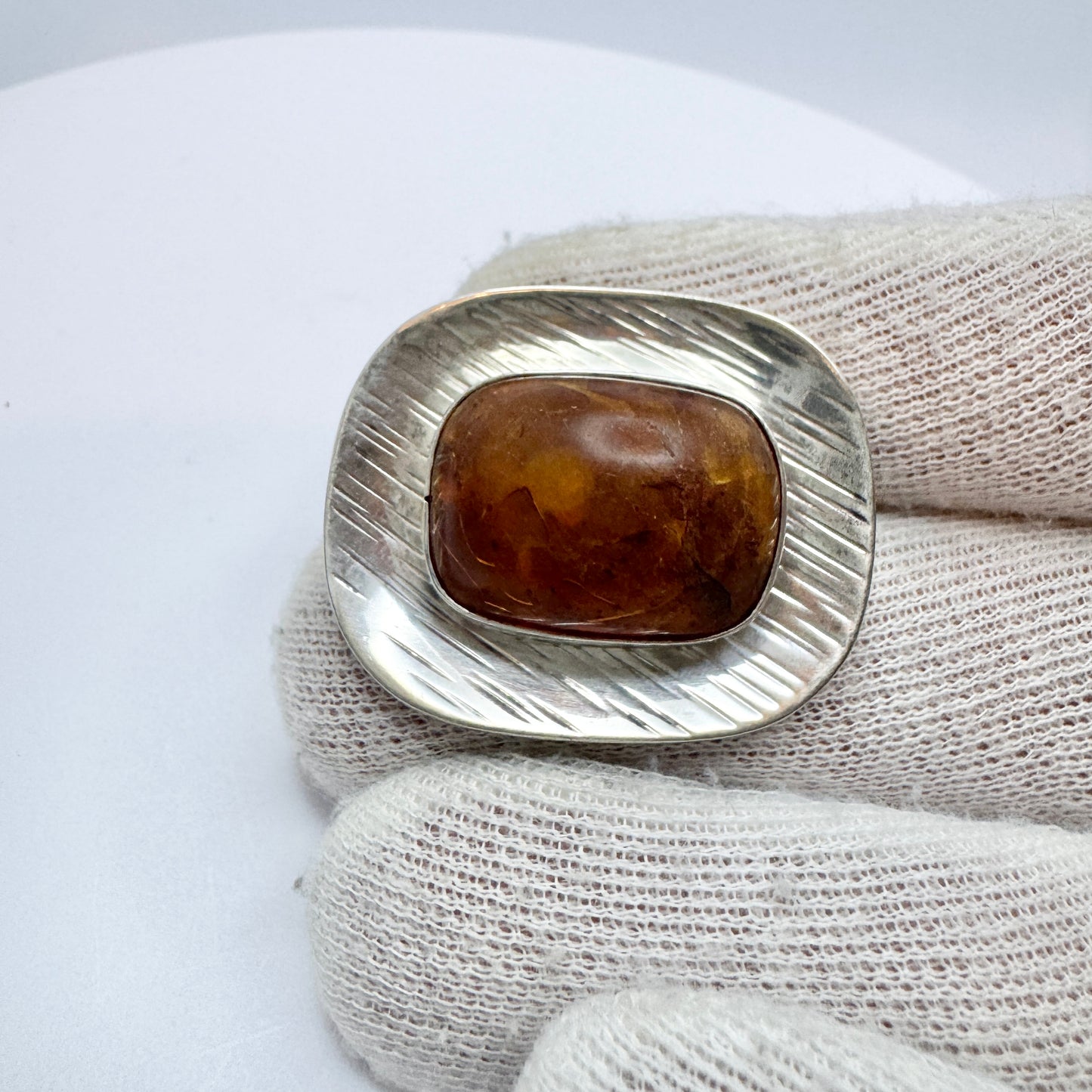 Germany. Vintage Solid Silver Amber Brooch. Handarbeit.