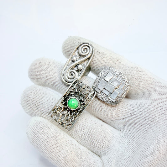 3 Vintage c 1970s Brutalist Mordernist Pewter Rings. Job-lot