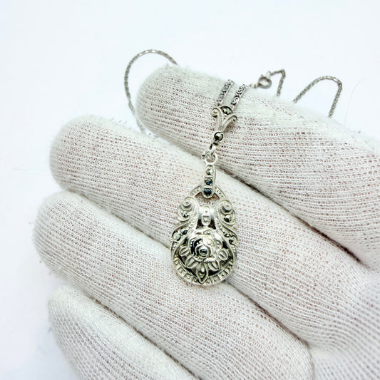 Sweden 1940s. Vintage Solid Silver Marcasite Pendant Necklace.