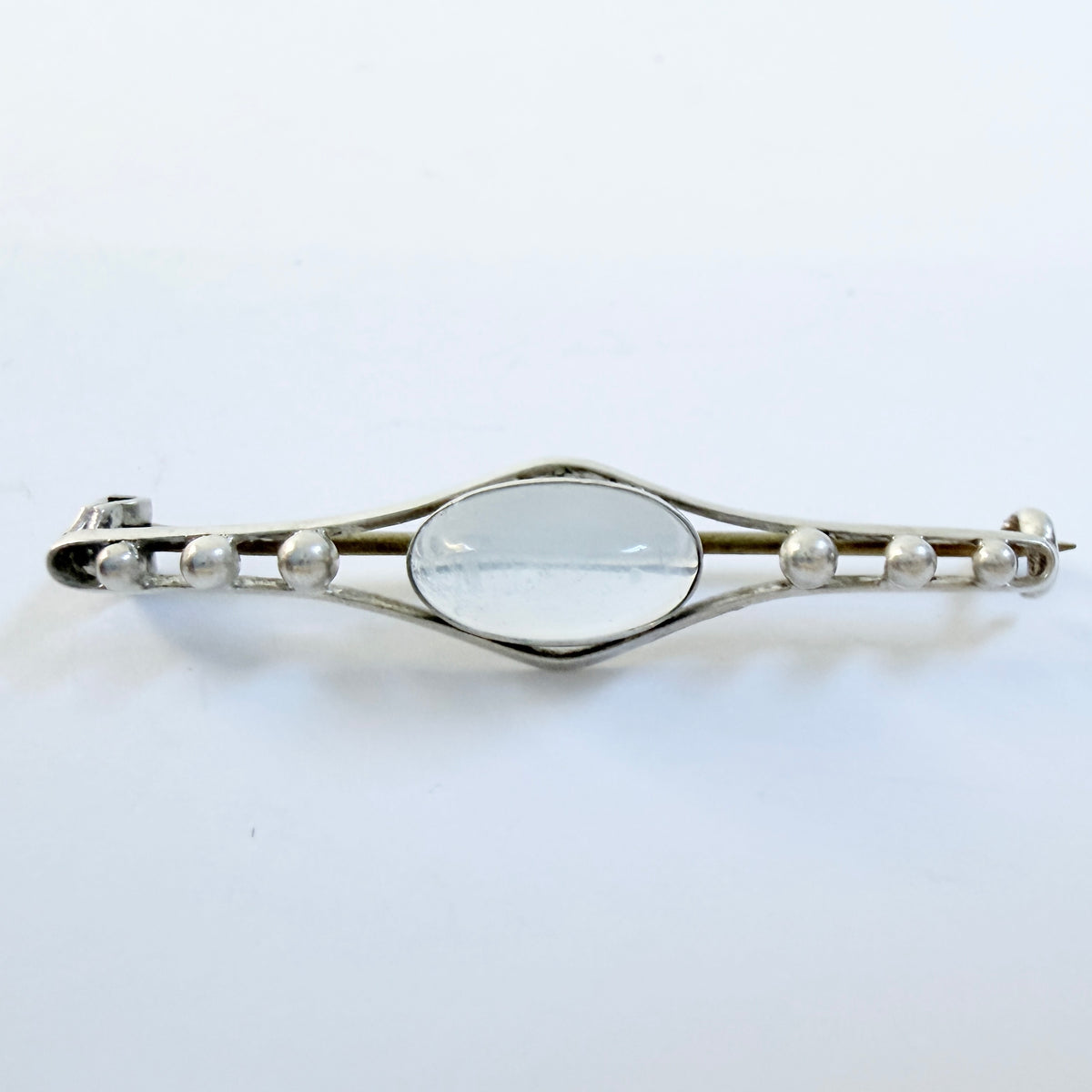 Early-mid 1900s Vintage Sterling Silver Moonstone Brooch + Box.