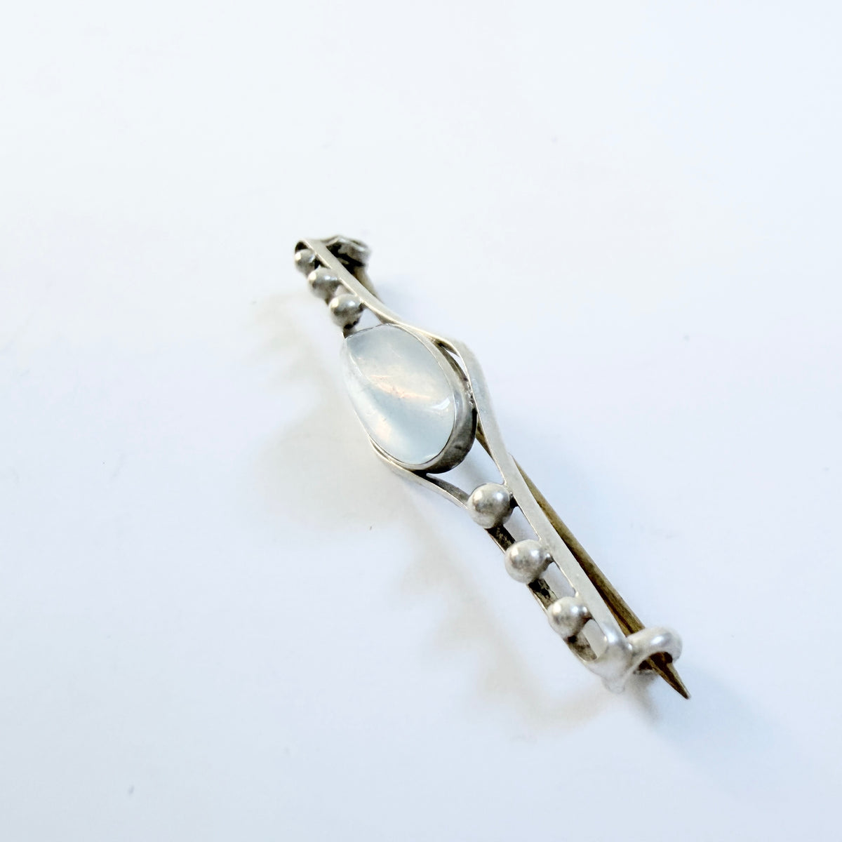 Early-mid 1900s Vintage Sterling Silver Moonstone Brooch + Box.