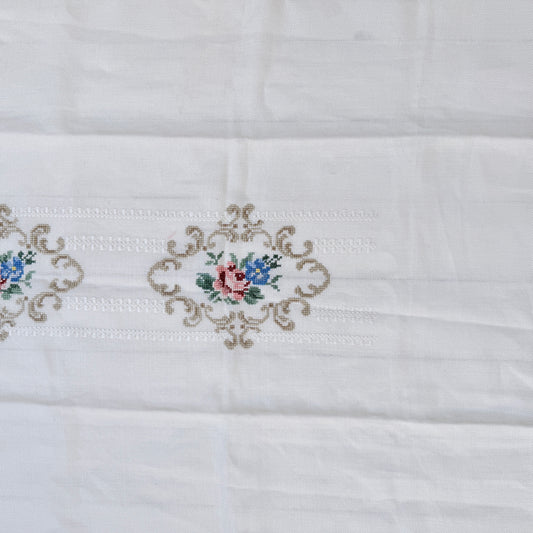 Vintage Scandinavian c 1950s Embroidered Tablecloth. Floral Cross-stitch.