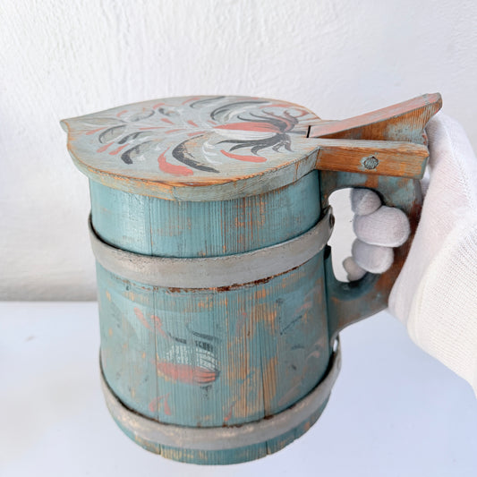 Sweden. Large Antique Folk Ark Hand Painted Lidded Tankard. "Stånka"