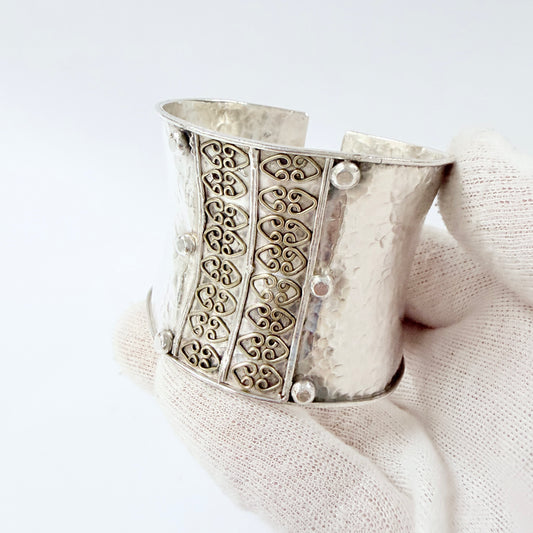 Bold Vintage Sterling Silver Metal Work Cuff Bracelet.