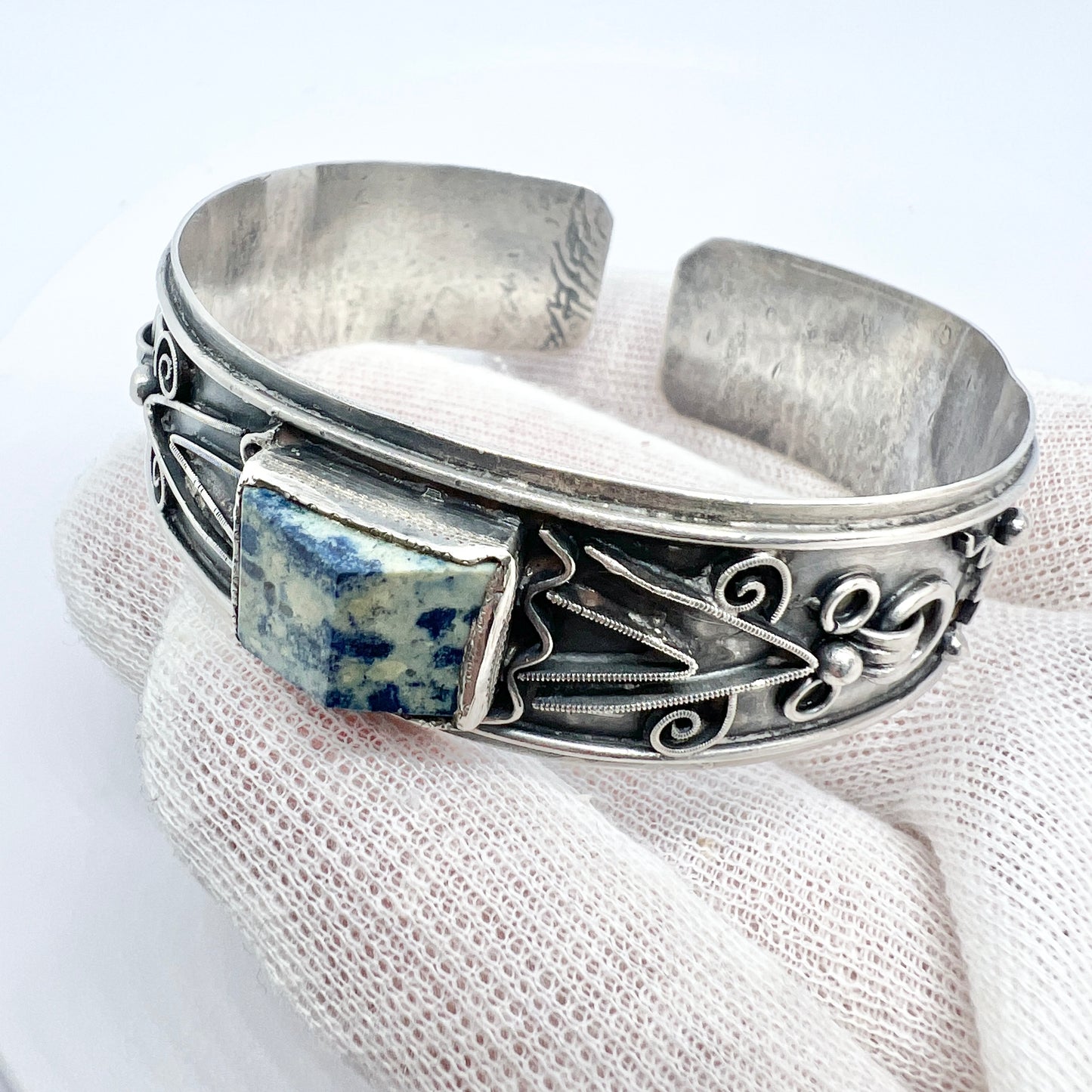 Karin Boström, Sweden 1938. Late Art Deco Sterling Silver Sodalite Cuff Bracelet. Signed.