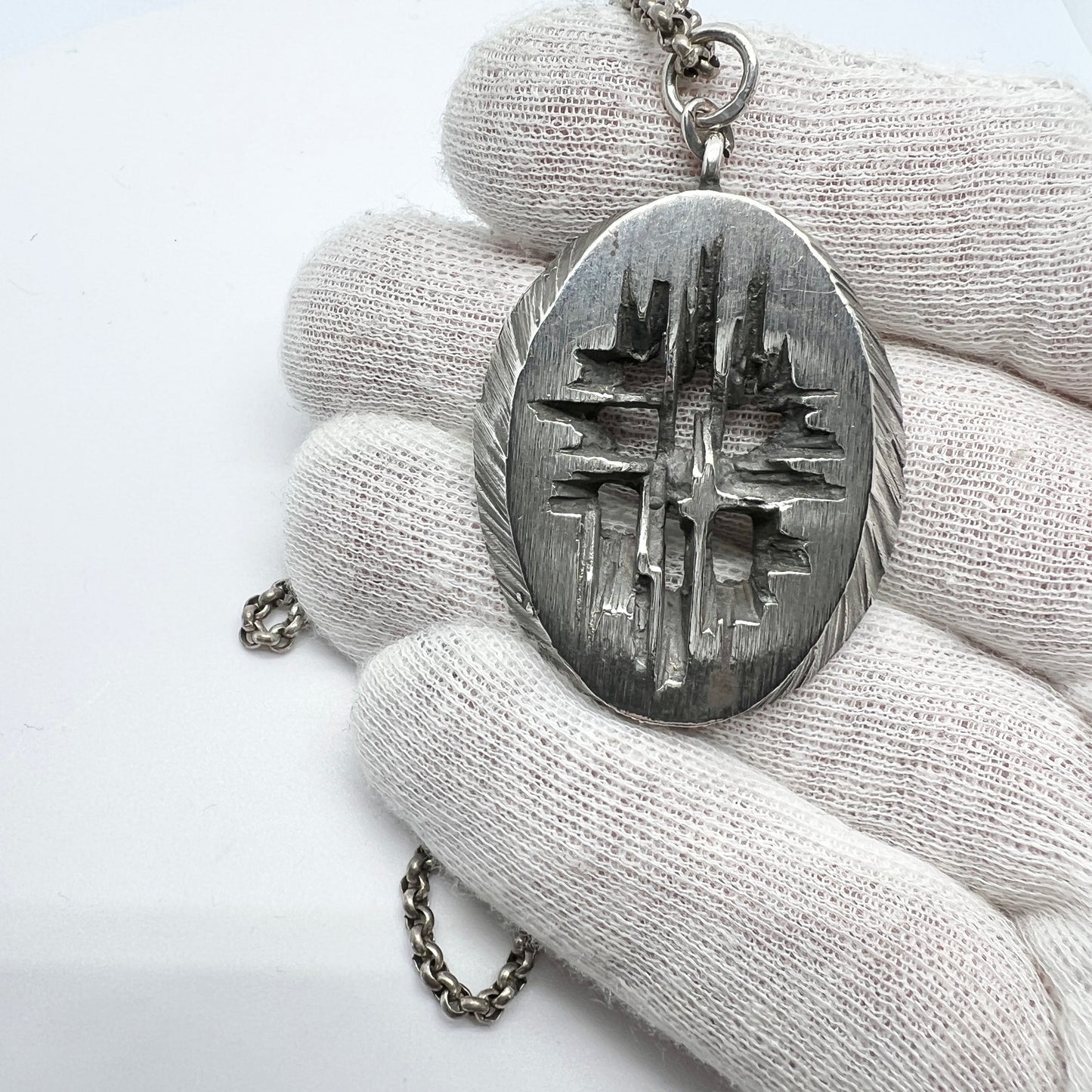 Sten & Laine, Finland 1974 Vintage Sterling Silver Pendant. Long German Silver Chain.