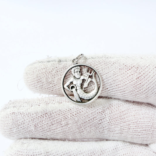 REU, Germany. Vintage Sterling Silver Zodiac Neptune Charm Pendant.