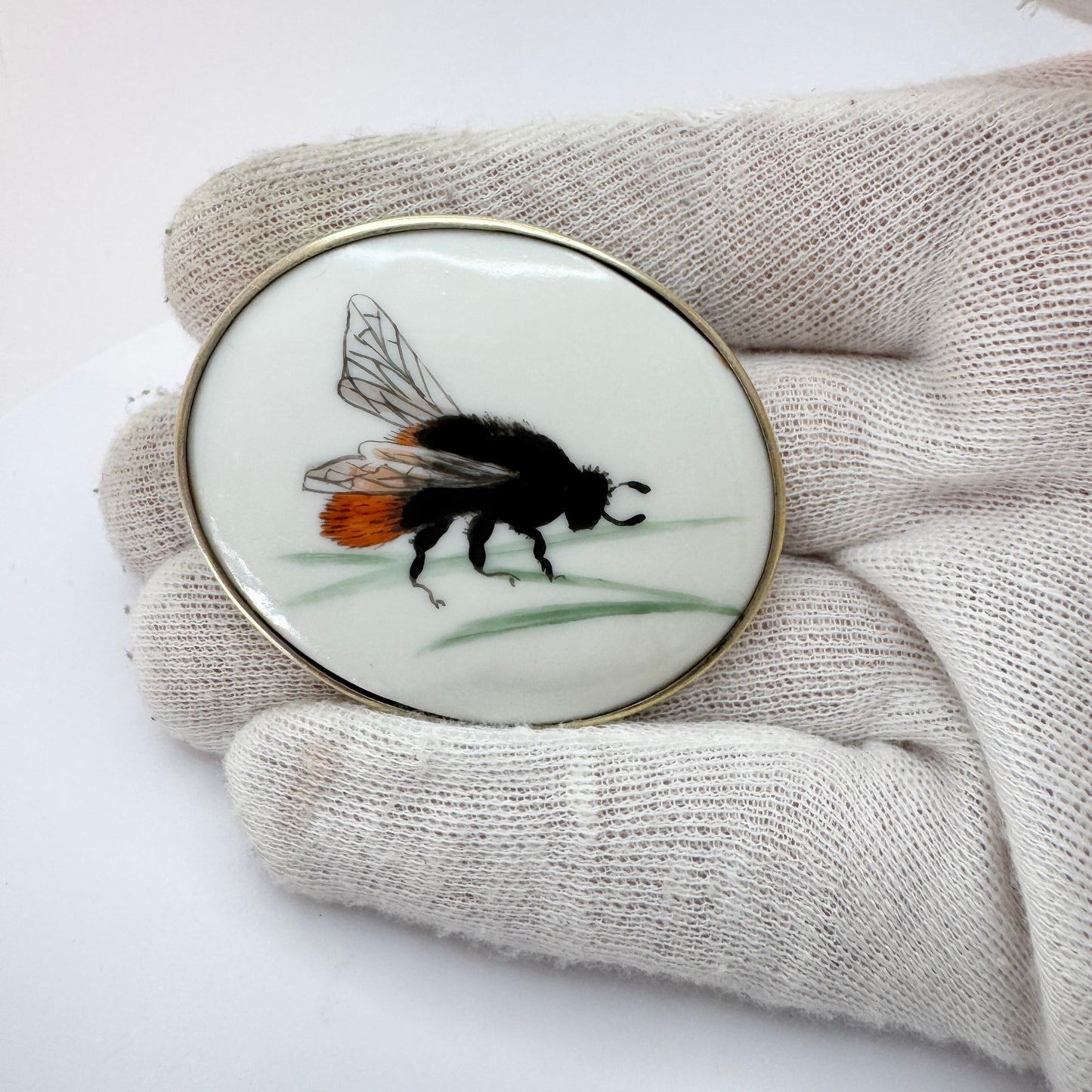 Bernhard Hertz, Sweden 1918. Antique Solid Silver Porcelain Insect Brooch.