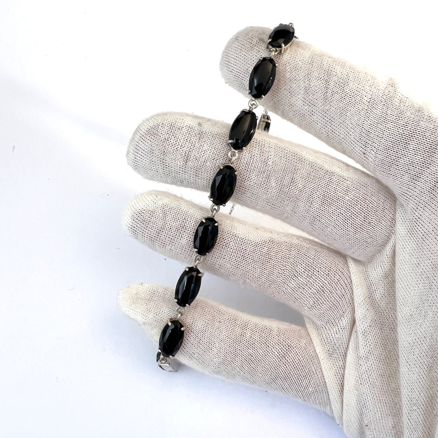 Sweden c 1920s. Solid 830 Silver Onyx Bracelet.