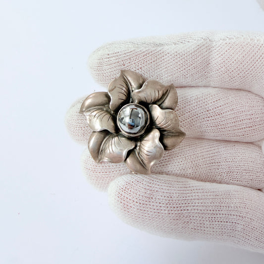 Kaplan, Sweden 1954. Vintage Solid Silver Hematite Flower Brooch.