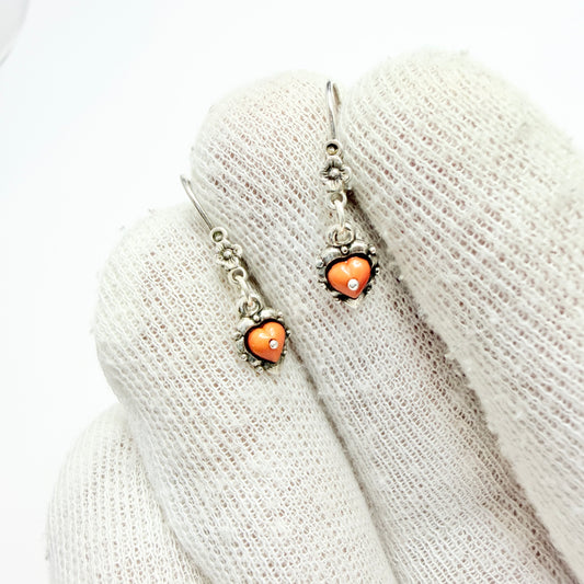 Italy. Vintage 800 Silver Coral Heart Earrings.
