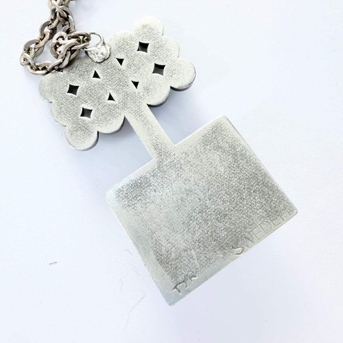 TYR, Sweden ca 1970s. Vintage Modernist Pewter Green Glass Pendant Necklace
