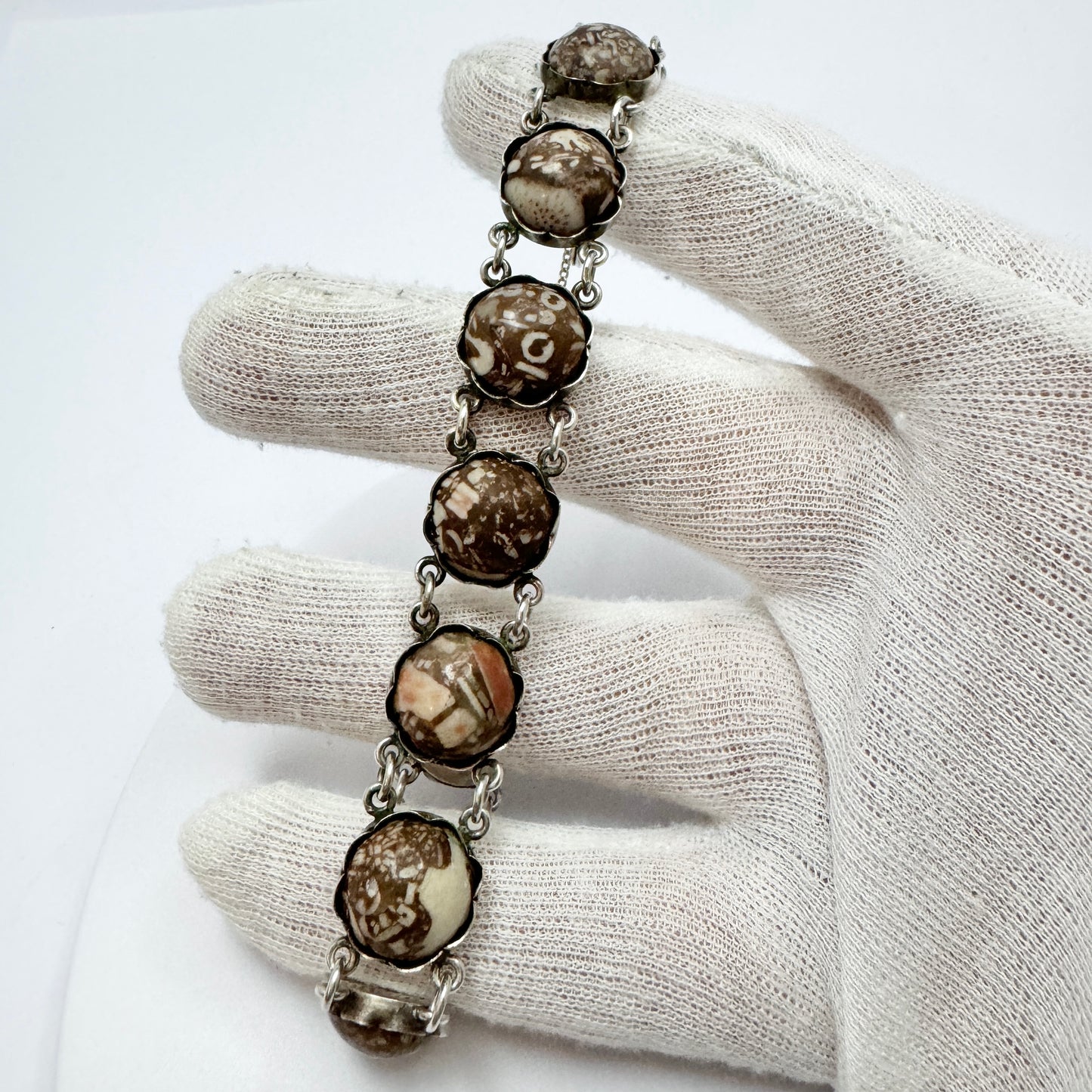 G Malmqvist, Sweden 1968. Vintage Solid Silver Local Lime Stone from Gotland Bracelet.