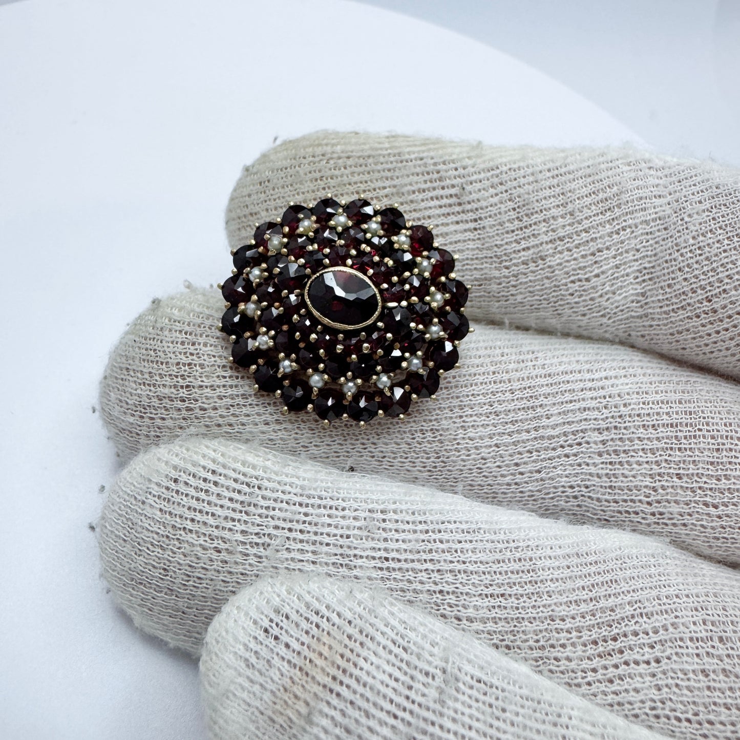 Vintage Garnet Seed-Pearl Gilt Metal Brooch.