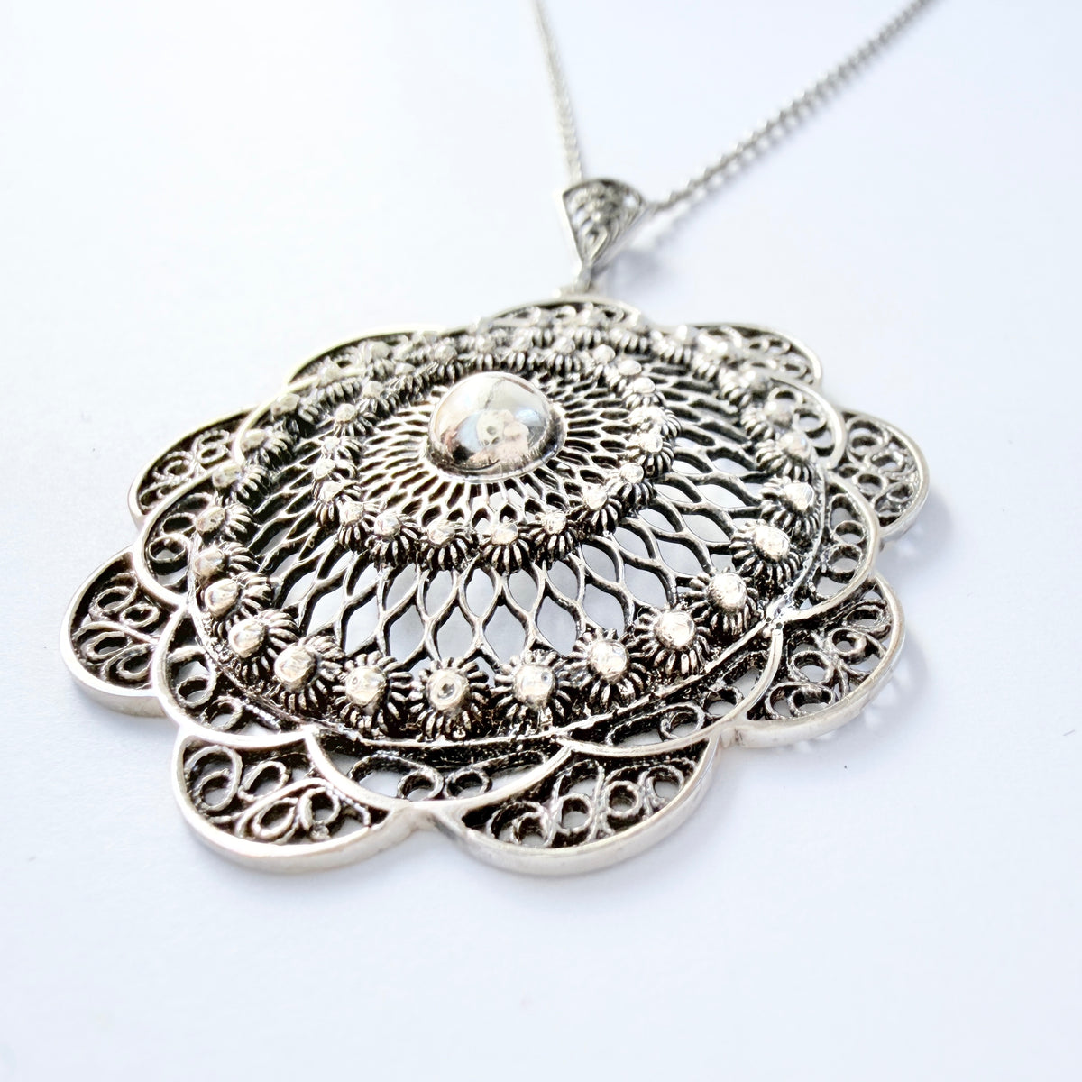 Germany 1930-40s. Vintage Solid Silver Pendant Long Chain Necklace.