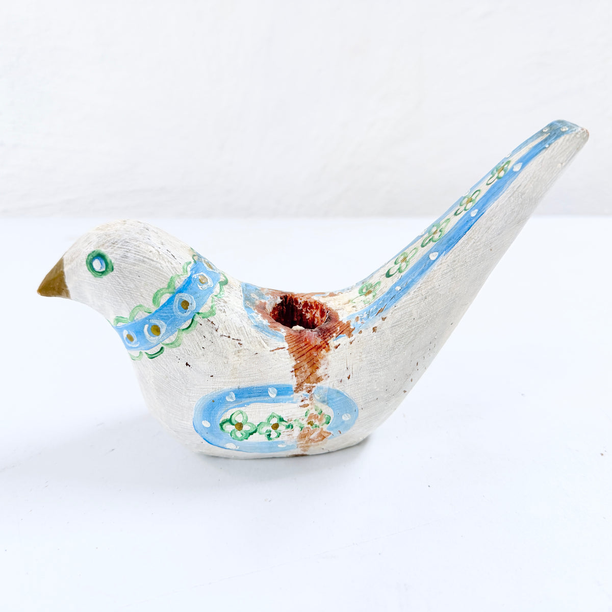 Sweden. Antique Folk Art Carved and Painted Pine Bird Candlestick.