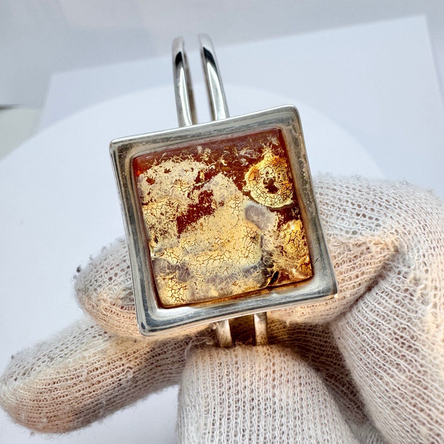 Gdansk, Poland. Vintage Sterling Silver Baltic Amber Hinged Bracelet.