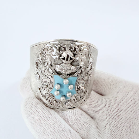 Italy early -mid 1900s. Solid Silver Enamel Knight in Armor Cuff Bracelet.