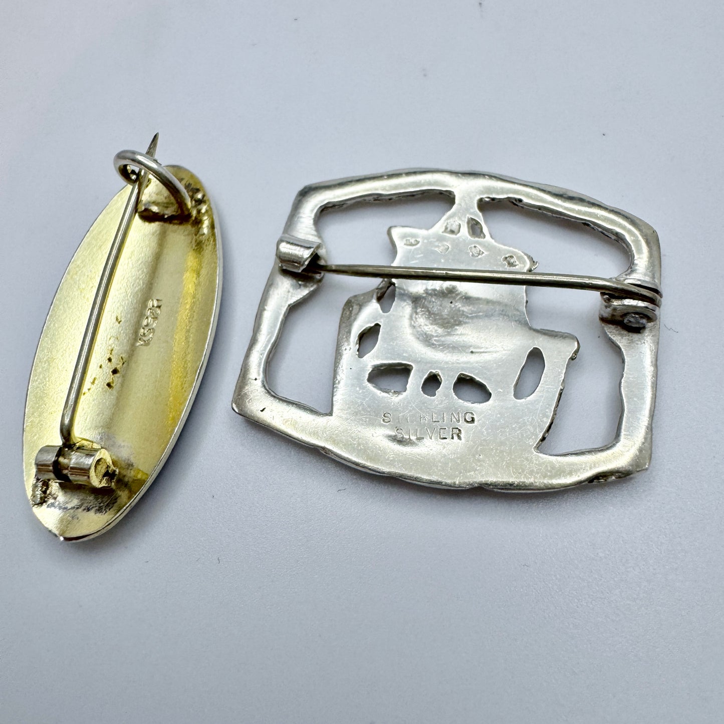 Two Vintage Scandinavian Solid Silver Viking Ship Brooches.