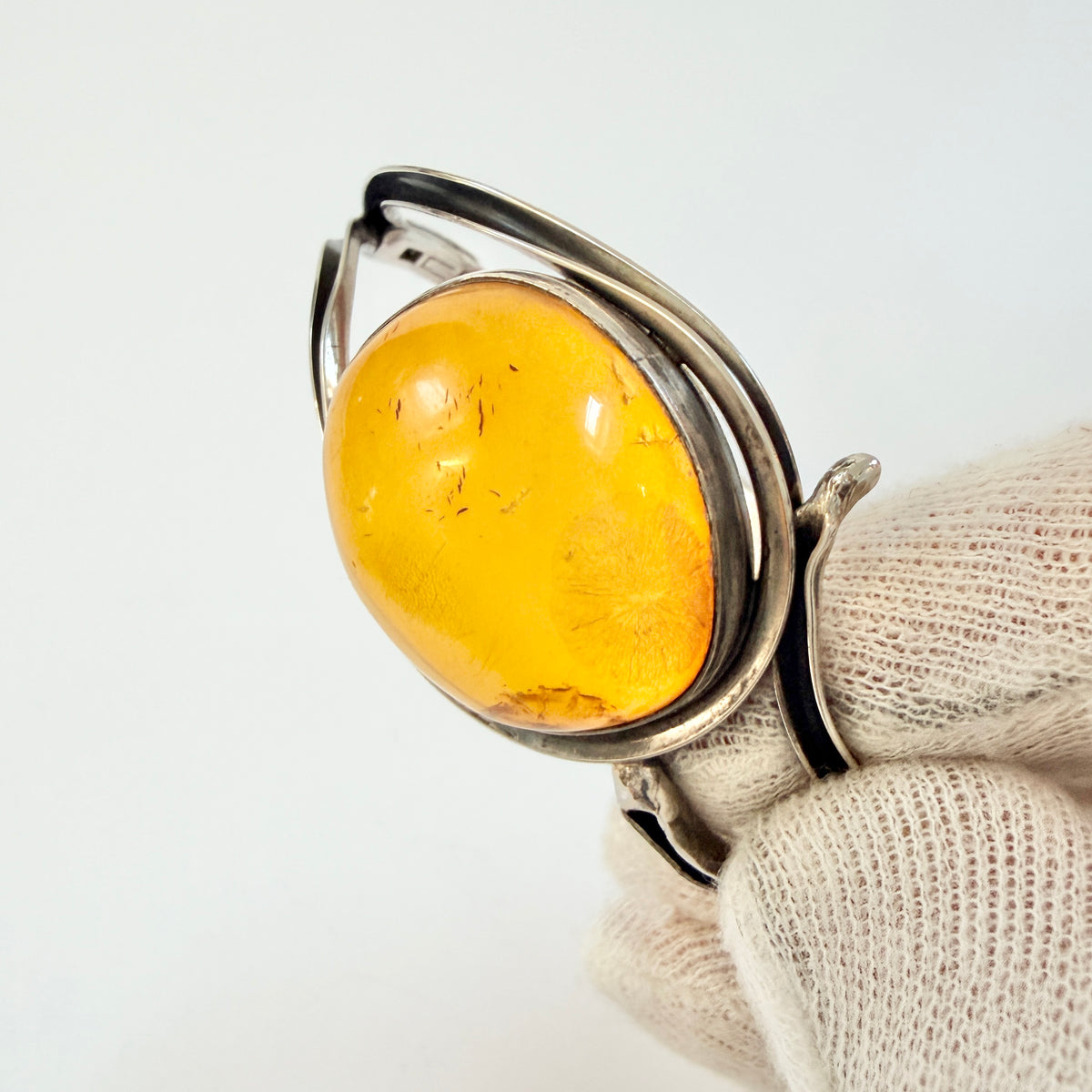 Warsaw, Poland. Vintage Solid Silver Large Amber Hinged Bracelet.