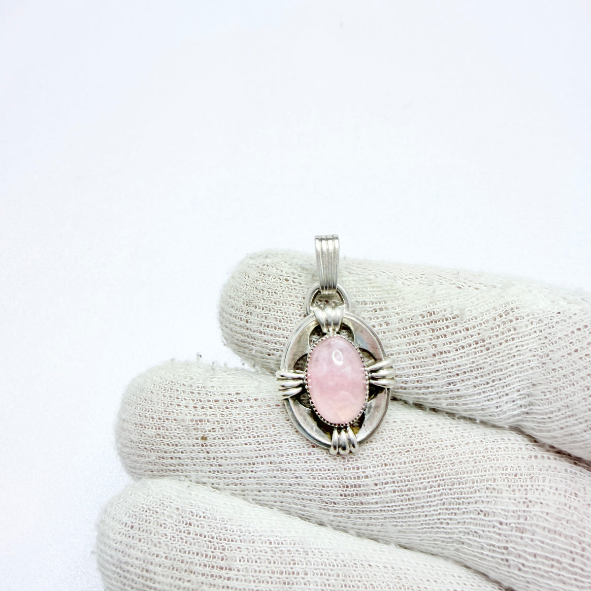 Vintage c 1950s. Solid Silver Rose Quartz Pendant.