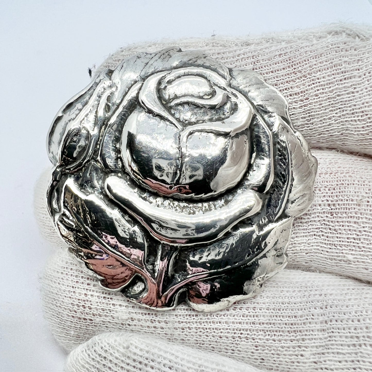 Bernhard Hertz, Denmark 1917 Antique Rose Flower Solid Silver Brooch.