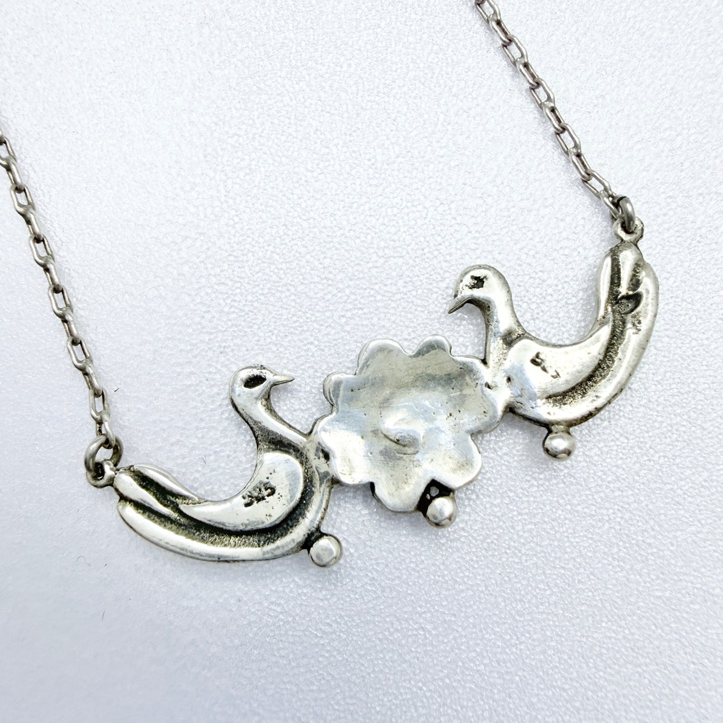 Vintage Sterling Silver Turquoise Love Birds Pendant Necklace.