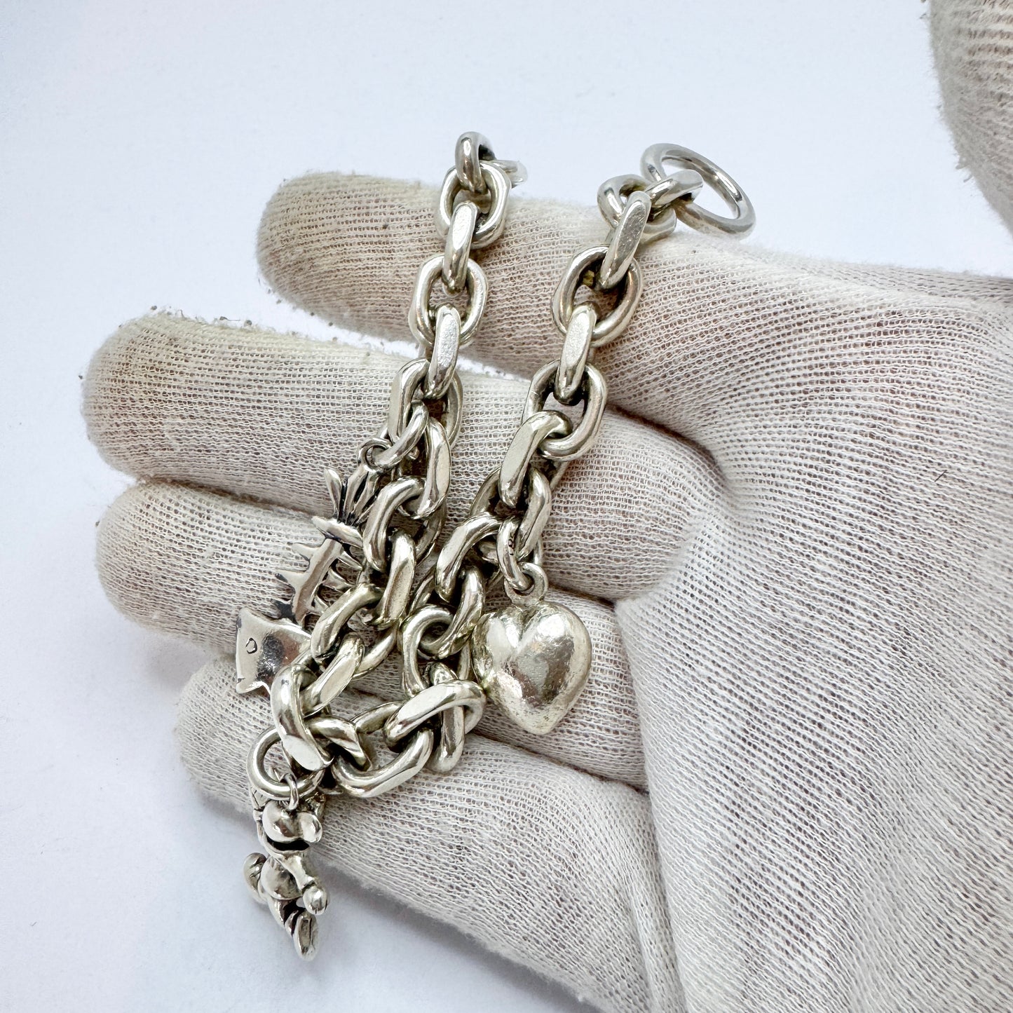 Johs. Torlyk, Denmark 1960s. Chunky Vintage Sterling Silver Charm Bracelet.