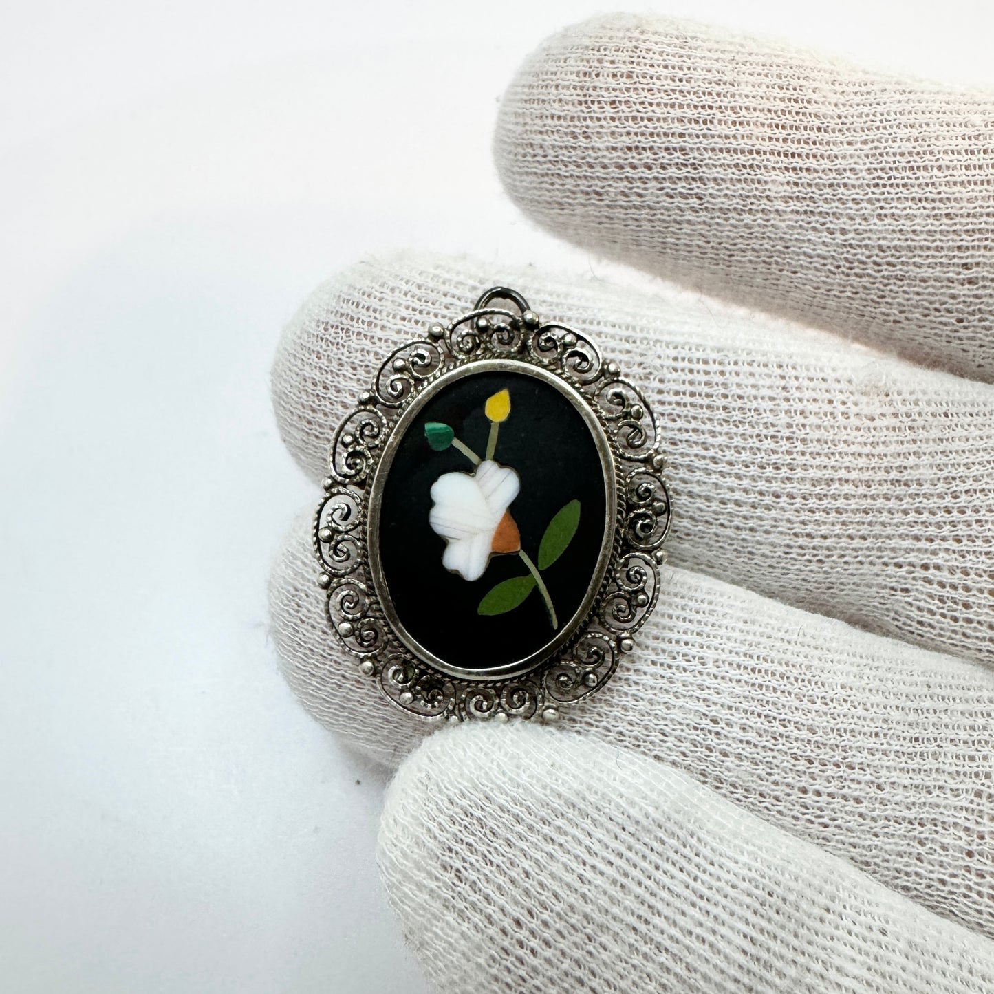 Italy c 1950s Vintage 800 SIlver Pietra Dura Brooch Pendant.