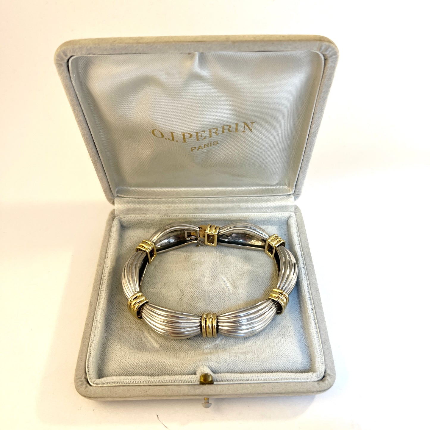 O.J Perrin, Paris France c 1980. Vintage 18k Gold Sterling Silver Bracelet. Original Box.