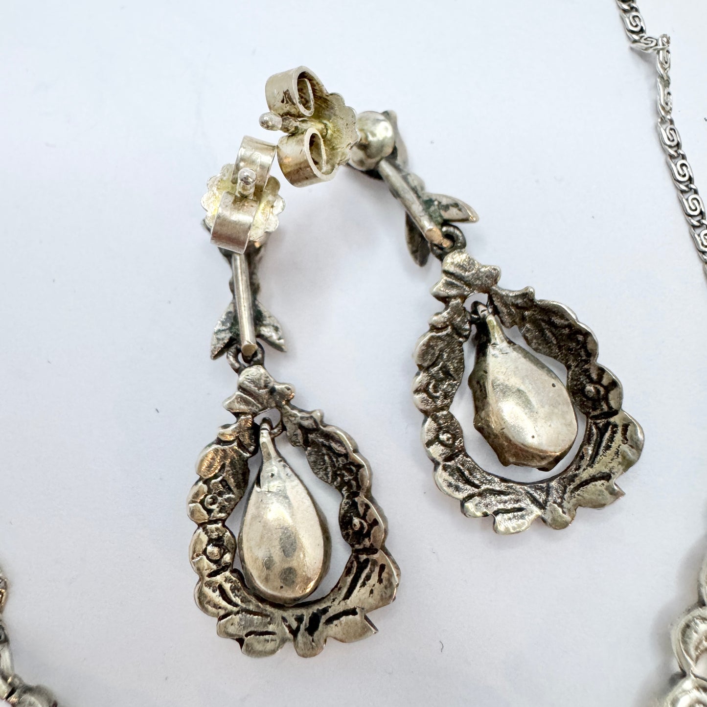 Early 1900s. Solid Silver Foil Back Paste Stone Necklace and Earrings.