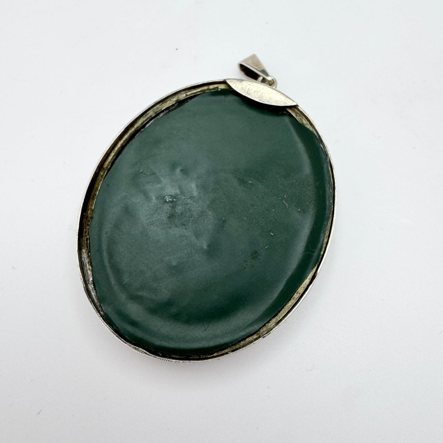 CG Hallberg, Sweden 1953. Vintage Solid Silver Painted Porcelain Floral Pendant.