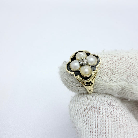 Antique Victorian 18k Gold Diamond Pearl Enamel Mourning Ring.