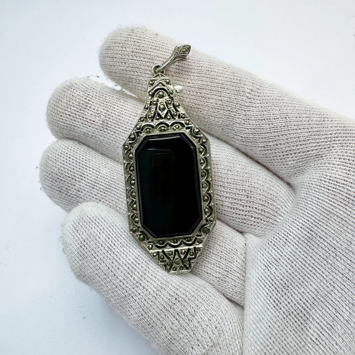 Art Deco c 1930. Solid 830 Silver Onyx Marcasite Lorgnette Pendant.